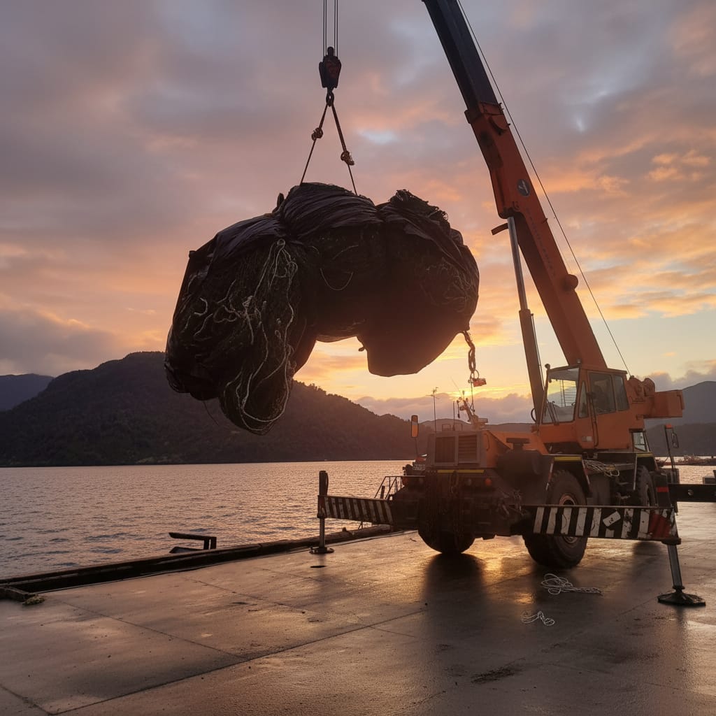 Grúa de Canona operando en el puerto de Aysén